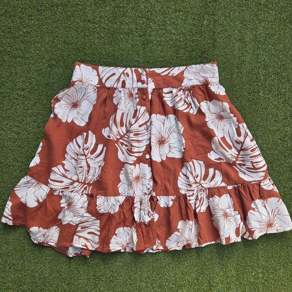Women High Waisted Floral Mini Skirt Rust Orange white S - Picture 6 of 12